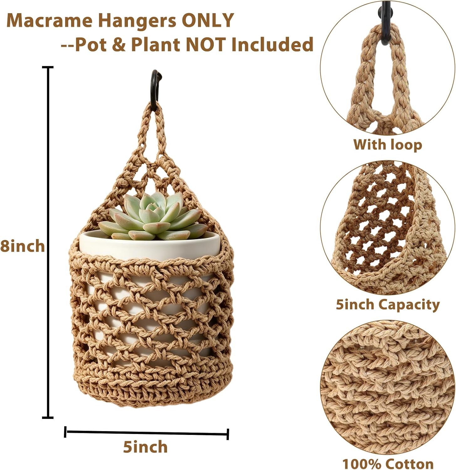 4-Pack 5-Inch Macrame Wall Plant Hangers, Natural Cotton Hanging Planter Baskets for Indoor Plants, Boho-Style Woven Plant Baskets for Walls, Small Hanging Pots for Succulents and Kitchen Storage