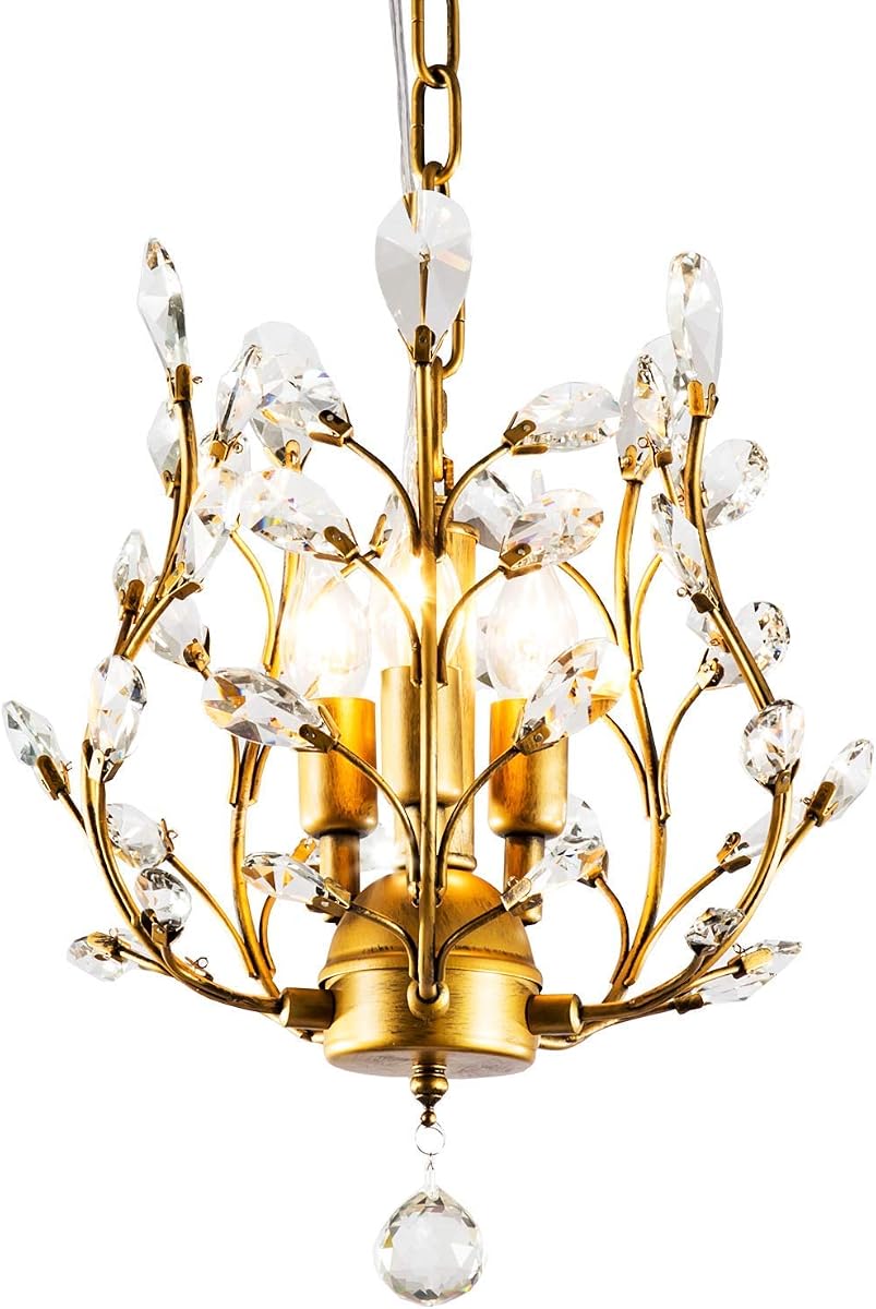 Garwarm 3-Light Gold Crystal Chandelier, Small Chandelier Pendant Light | Adjustable Chain Flush Mount Branch Chandelier for Dining Room, Bedroom, Kitchen, Hallway, Entryway, Bathroom and Girls Room