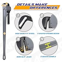 Vista 3 de Llave de tubo de aluminio de 48 pulgadas, capacidad de mordaza ajustable de 8"/200mm, llave de fontanería de mango recto resistente, herramienta