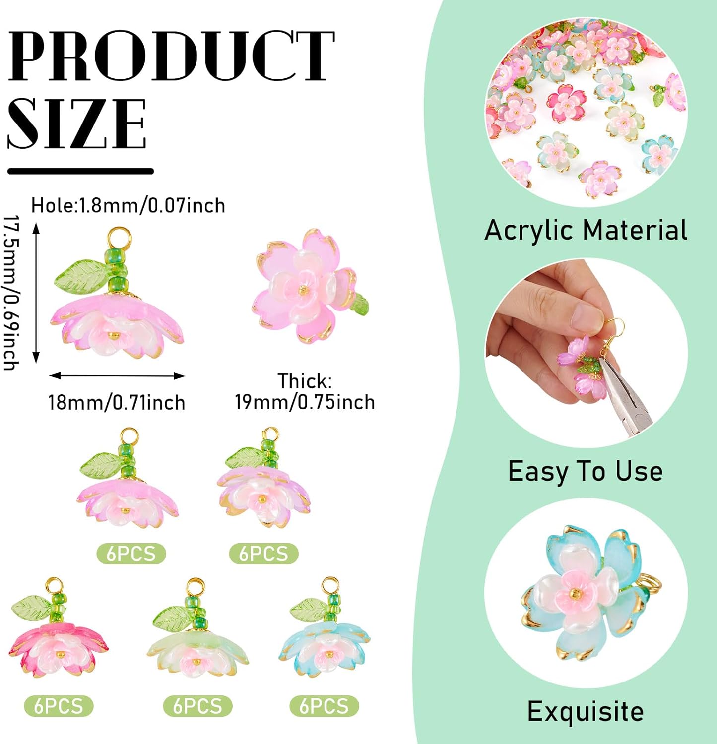 Beadthoven Acrylic Flower Charms for Jewelry Making, Golden Metal Enlaced Cherry Blossom Flower Pendants Transparent 5-Petal Floral Charms with Green Leaf for Earrings Necklace DIY Crafts - Image 2
