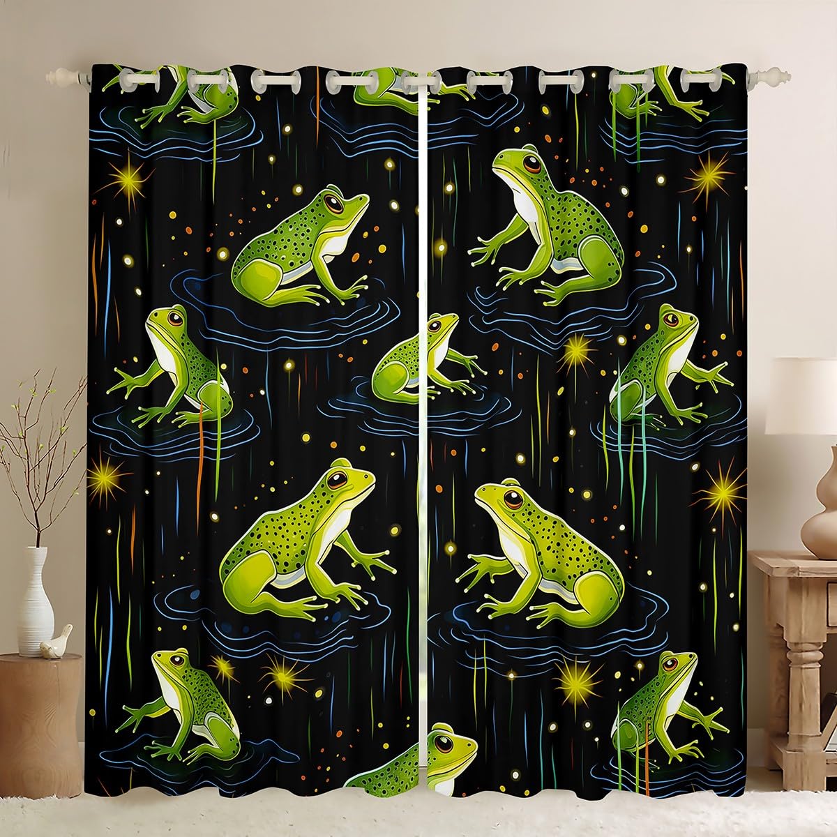 Homemissing Green Frog Curtains Cartoon Frog Window Drapes Treatments for Kids Boys Girls Tropical Frogs Window Drapes Rain Night Glitter Stars Window Treatments, W66*L72,2 Panels