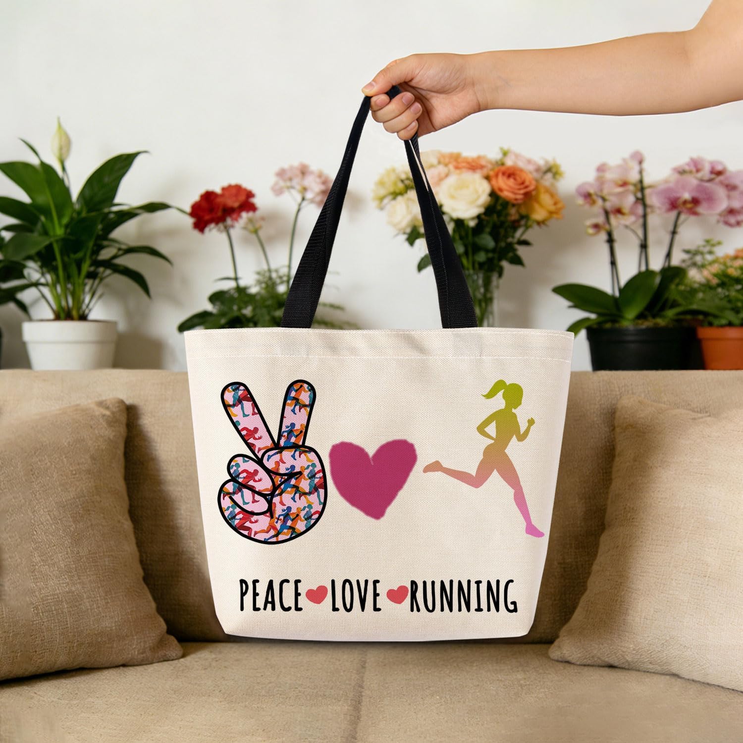 Peace Love Running Tote Bag Reusable Grocery Bags Aesthetic Shopping Shoulder Handbag with Interior Zipper Pocket Stylish Running-themed Present for Runners Marathon Lovers Women - Image 3