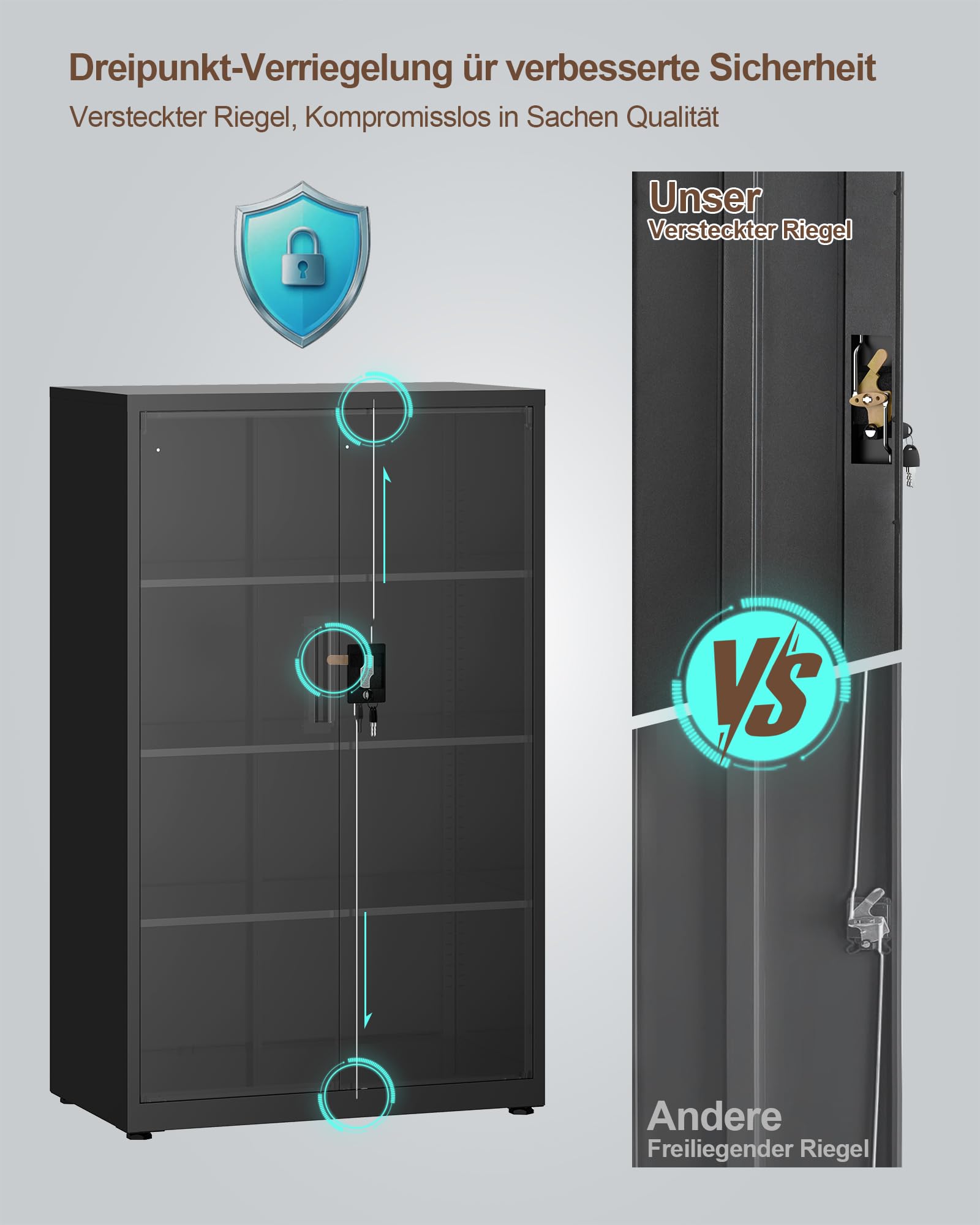 LAND·VOI Stahlschrank 4 Ebenen mit Schloss verstellbare Einlegeböden Doppeltüren Aktenschrank Werkzeugschrank für Büro Garage Haushalt Werkstatt 80x40x131.5 cm Schwarz