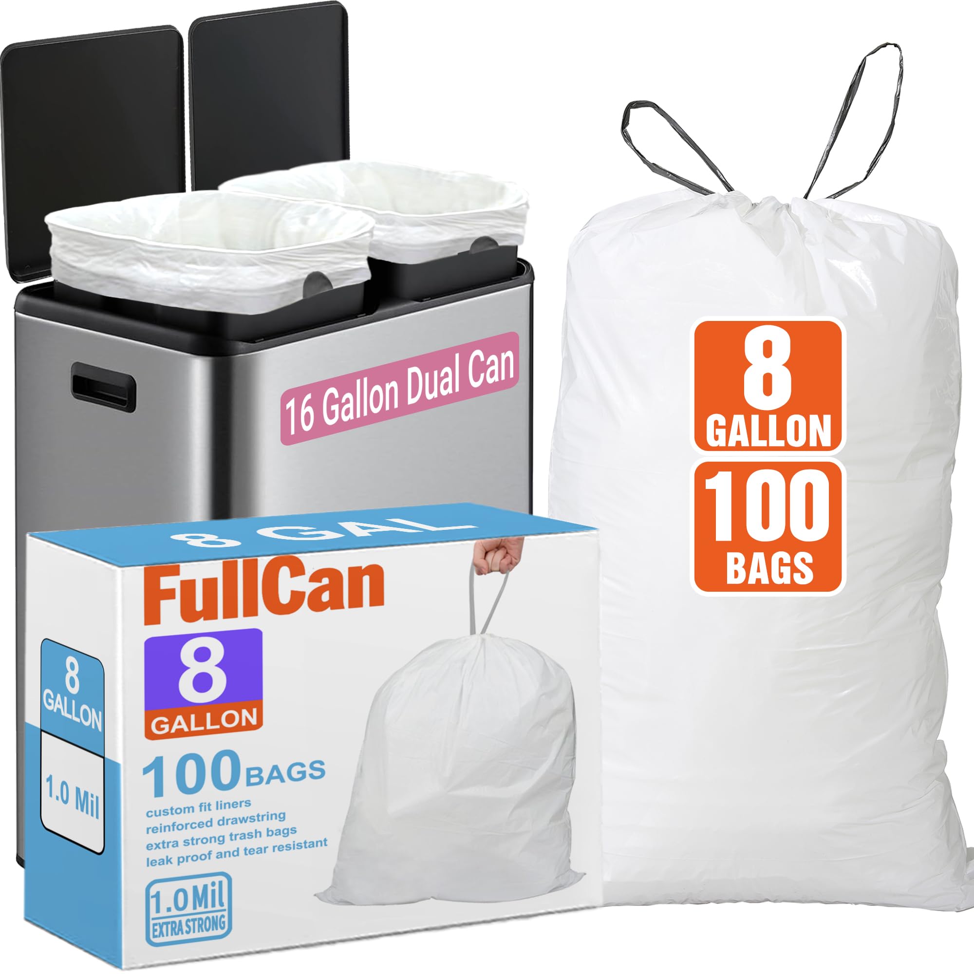 FullCan Dual Trash Can Bags 100 Count for Dual Compartment Trash Can