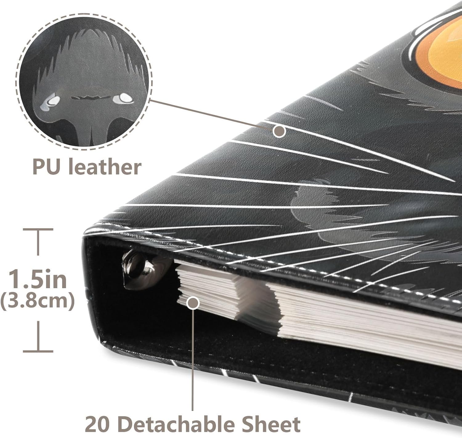 JIPONI Black Cat Face Large Photo Album, DIY Leather Cover Scrapbook Albums for 4x6 5x7 6x8 Pictures, Self Adhesive Memory Book for Wedding, Baby, Family