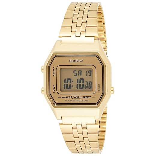 Casio Relógio feminino retrô digital dourado tamanho médio LA-680WGA-9DF, Preto, Vestido