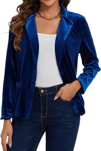 Womens Velvet Jacket Notched Lapel Button Pockets Casual Work Blazer Suit Jacket with Pockets,2XL,Royal Blue