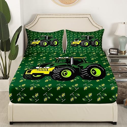Miniatura 4 de Erosebridal Juego de sábanas de tractor, tamaño King, 4 piezas, color verde, juego de sábanas para niños, diseño de excavadora, juego de ropa de