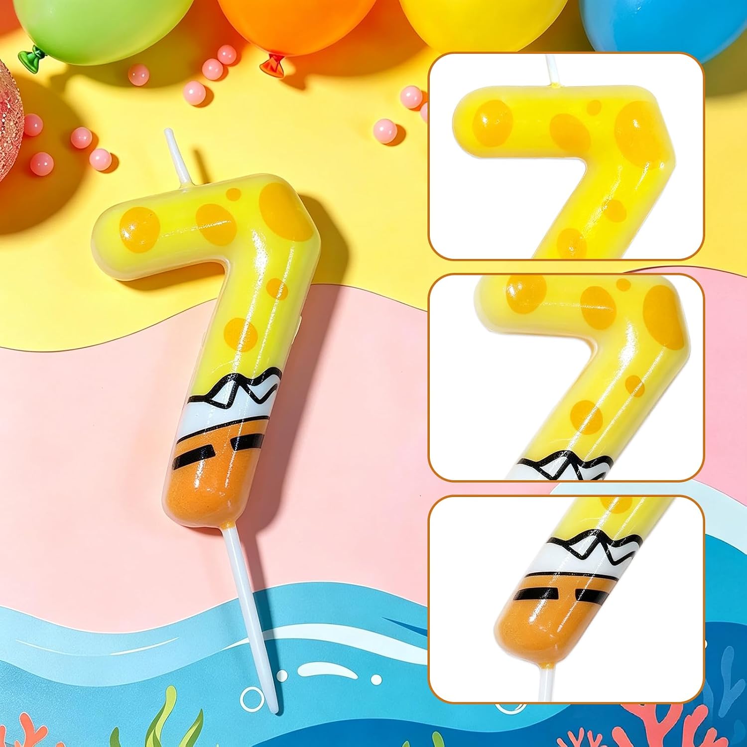 7th Birthday Candle Colorful Number 7 Cake Topper Ocean Theme Party Decor (Sponge 7)