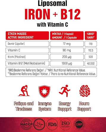 Walker's Vitamins Lipozomal B12 Demir C vitamini Methylcobalamin (Metilkobalamin) Krom Pikolinat 30 Enerji Kapsül