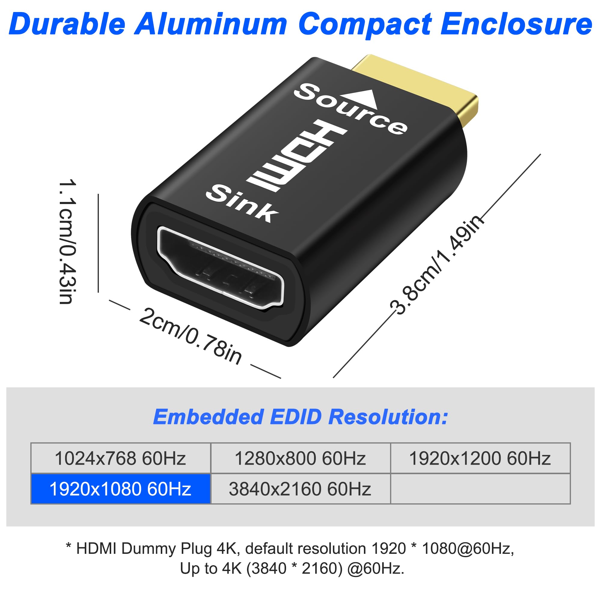 MEIRIYFA Emulador HDMI EDID 4K, enchufe simulado HDMI, emulador de pantalla fantasma sin cabeza, monitor virtual, emulador de paso EDID 3840 x 2160 @ 60 Hz, compatible con Windows Mac OSX Linux (2