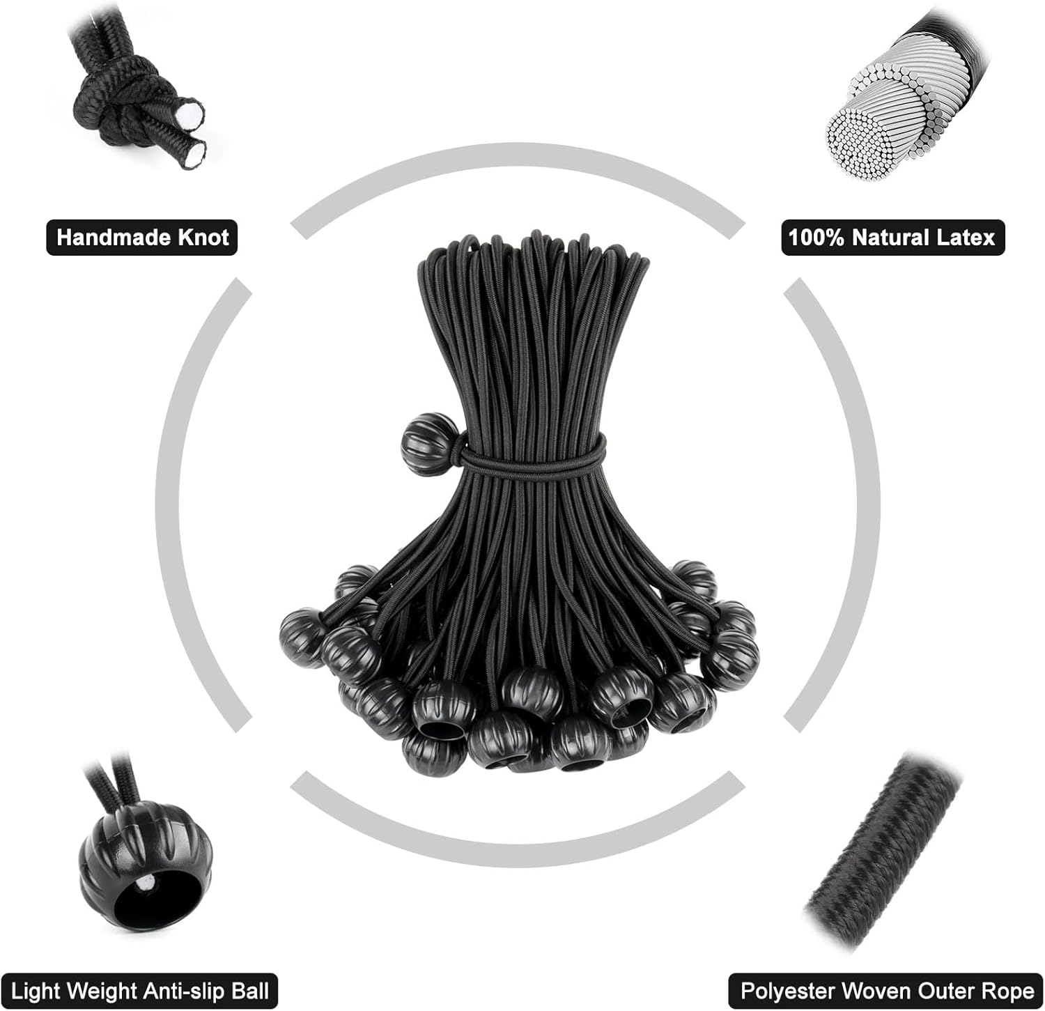 Bungee Cords with Balls 6 Inch, 100 Pack Heavy Duty Bungie Cord Balls, Canopy Tarp Tie Down Ball Bungee Cords for Camping, Tents, Patio Umbrellas, Awning, Bundle, Black