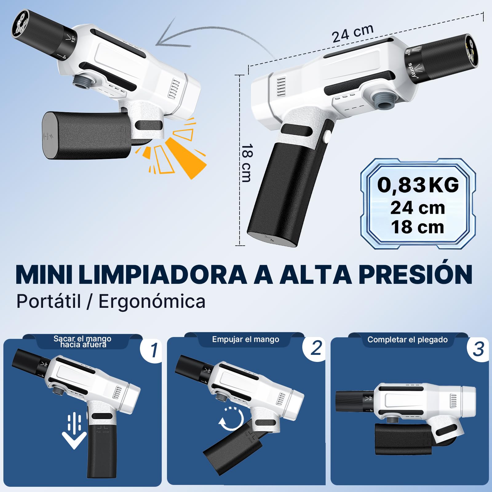Mini limpiador de alta presión inalámbrico, limpiador de alta presión con modo de 3 velocidades, boquilla giratoria 5 en 1 y 180 °,portátil y ligero,pistola de alta presión batería