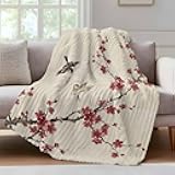 Throw Blanket for Couch,Vintage Farm Cherry Flowers Soft Flannel Bed Blankets Fluffy Throws Birds Floral on Linen Cozy Warm Plush Striped Blanket for Sofa Bedroom Living Room,50x60in