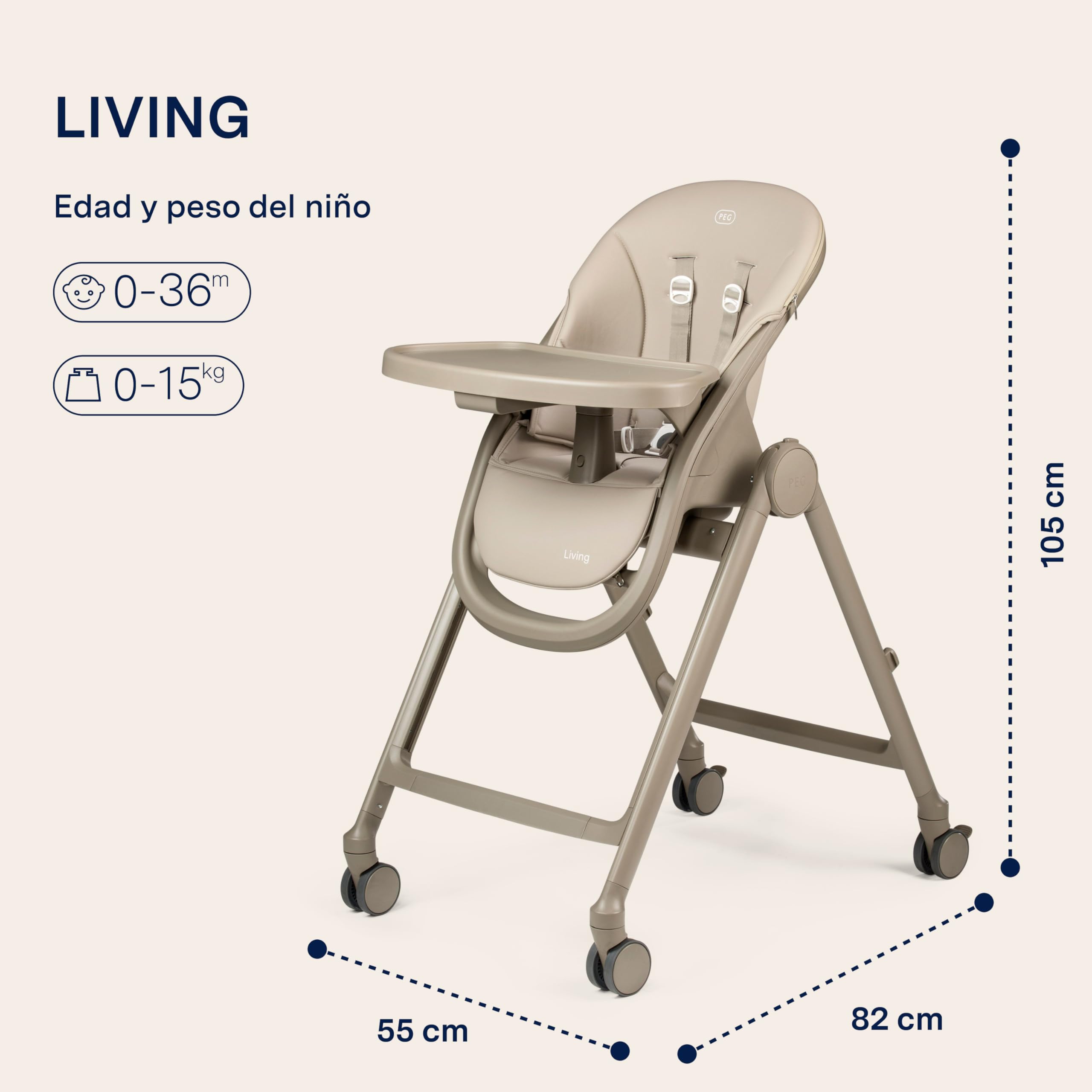 PEG Living Trona desde el Nacimiento, Diseño Contemporáneo, Función Hamaca, Altura Regulable, Bandeja Doble, 4 Ruedas 360°, Cierre Compacto, 0–3 Años (0–15 kg), Space Sand