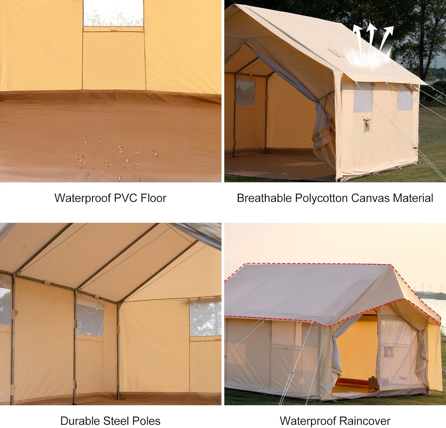 Cotton Canvas Wall Tent with Rain Canopy 12.1FT*10FT Waterproof Outdoor Tent for Hunting Family 4 Season Camping Tents Heavy Duty Steel Frame&PVC Floor