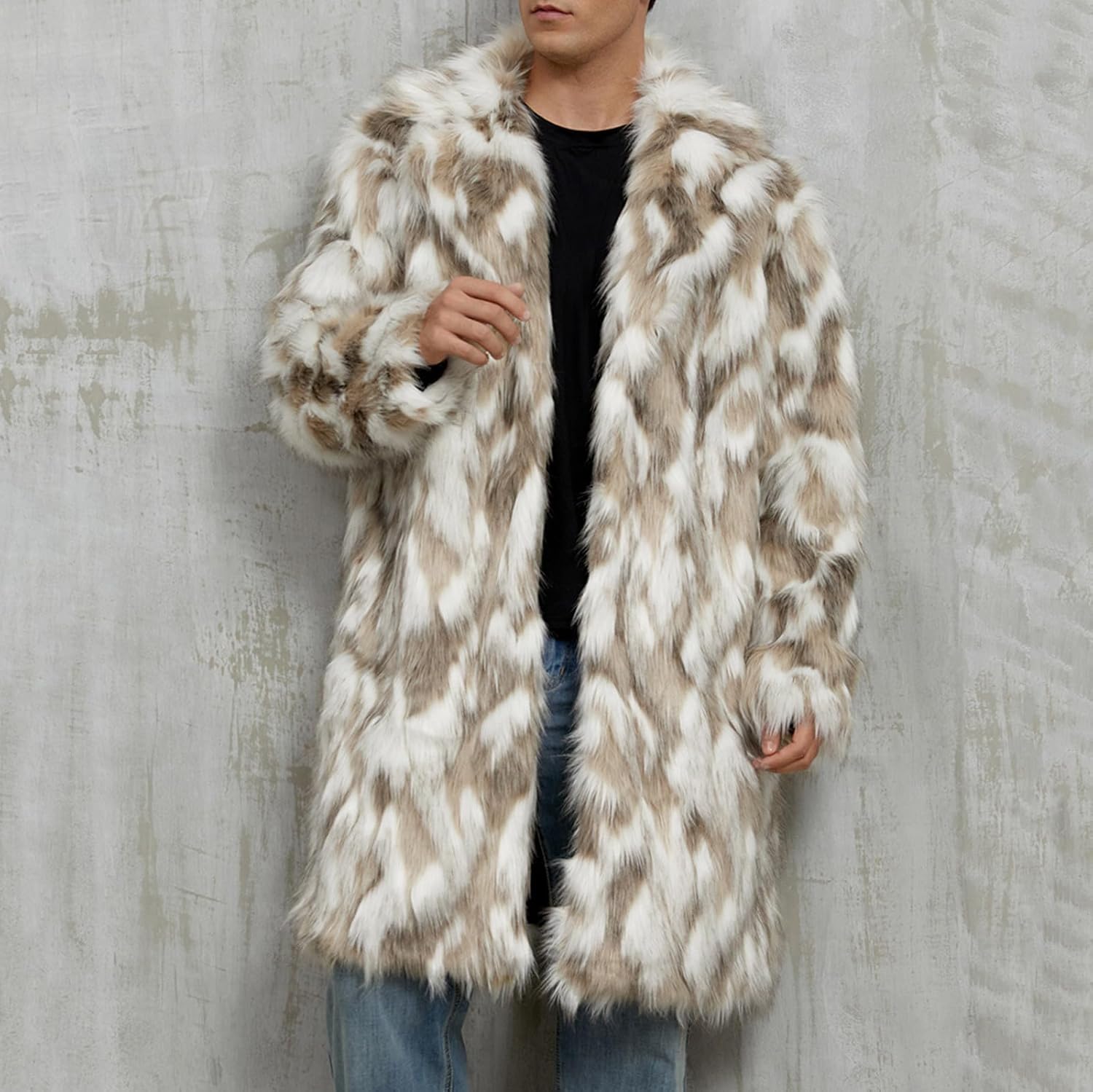 Cambkatl Men's Luxury Faux Fur Coat, Warm Winter Furry Long Sleeve Open Front Long Cardigan Jackets Lapel Outerwear