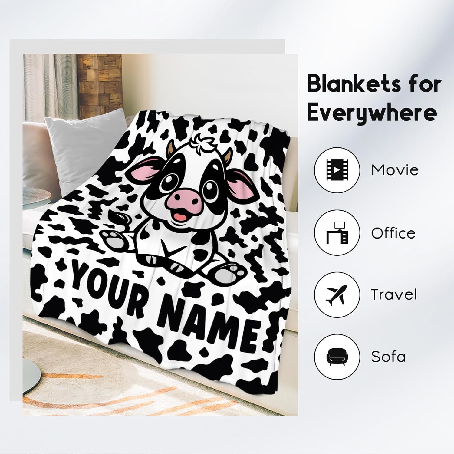 Custom Cow Blanket, Cozy Soft Throw Gifts for Boys, Cute White Flannel Throw Blankets for Couch Office, 50x60 Inches
