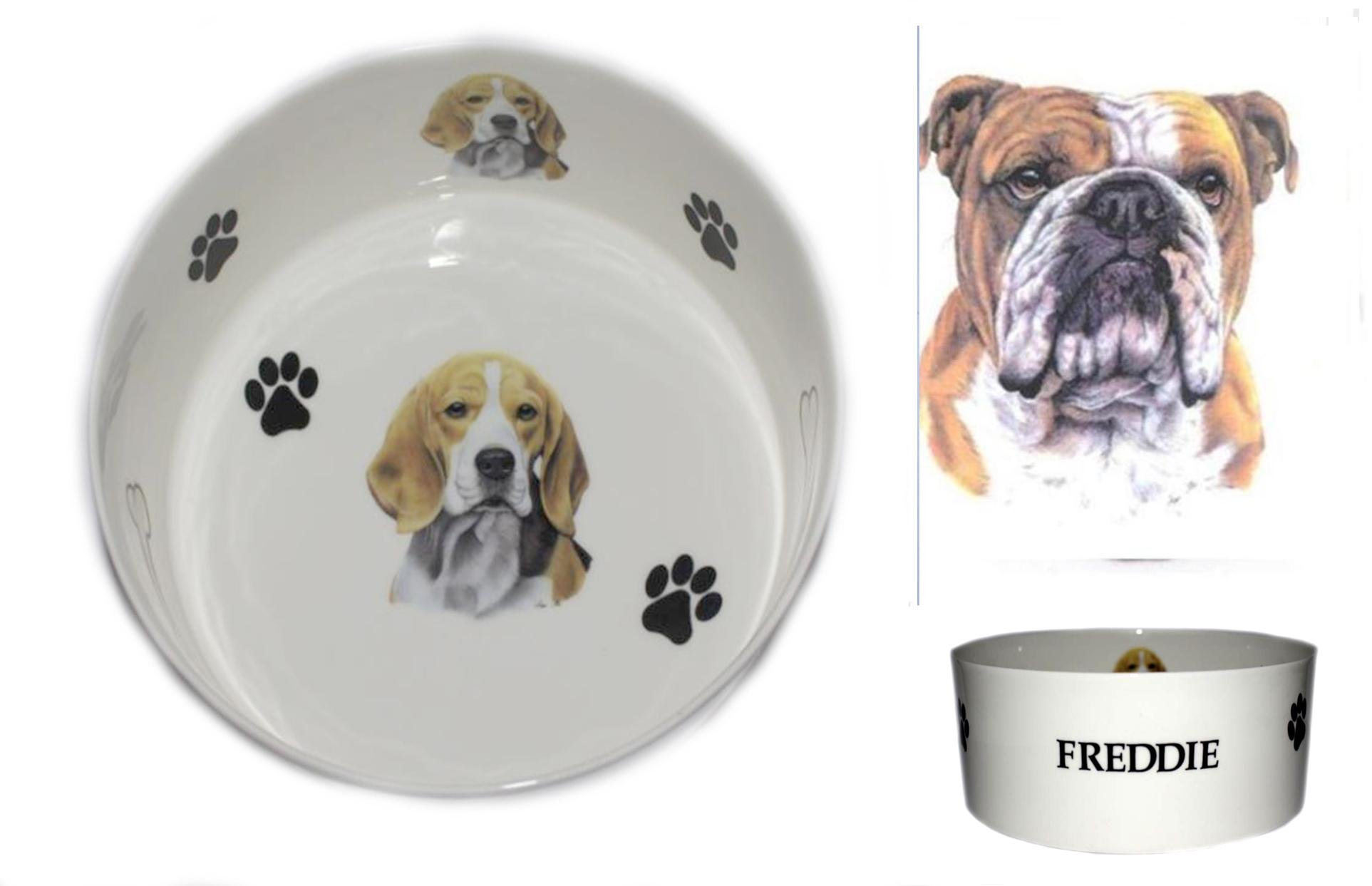 (BB14) Bone China Personalised BRITISH BULLDOG dog food/water pet bowl decorated with PAWPRINTS AND BONES, Personalised with name of your choice- Many dog breeds available. Fun, colourful, new pet bowls.