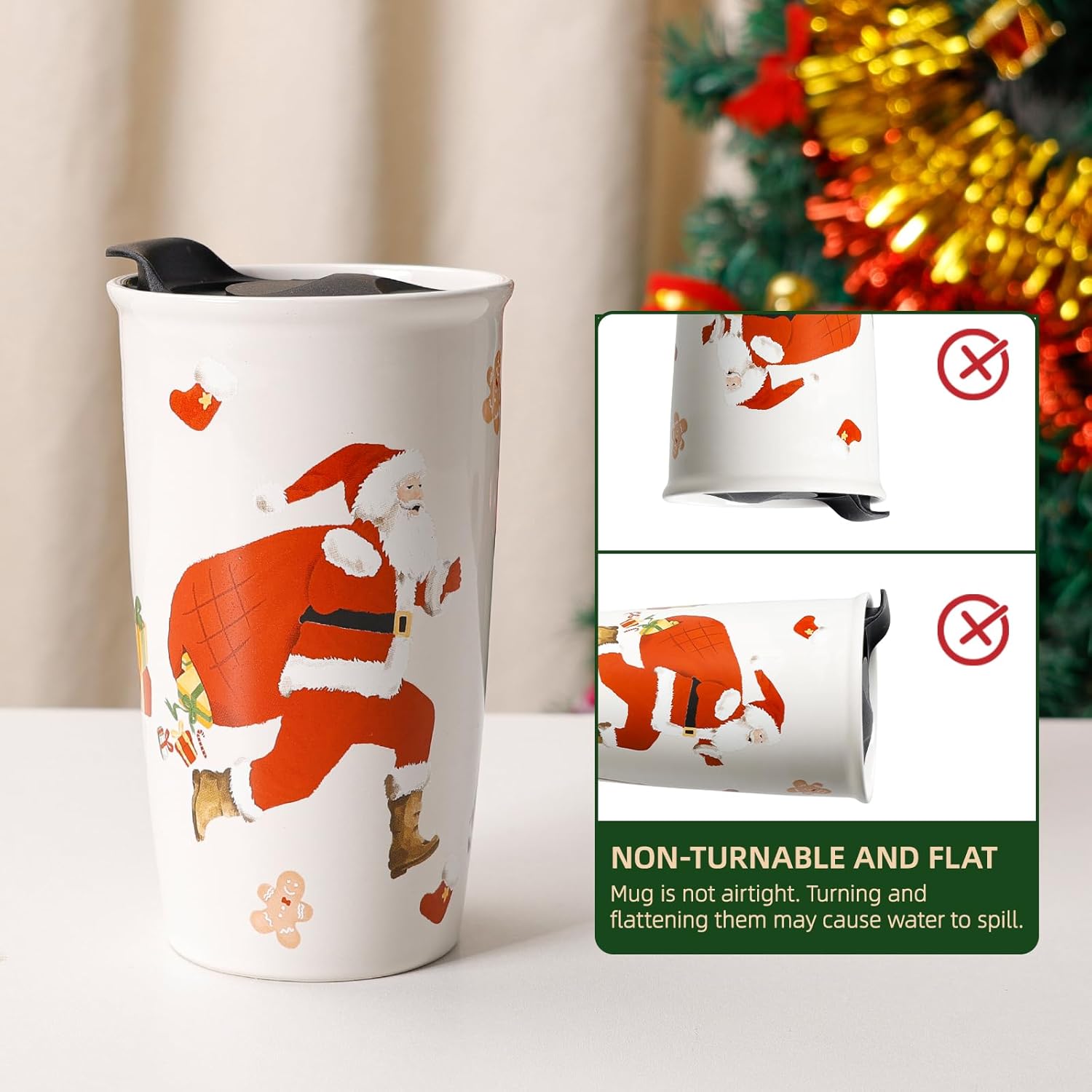 ANTIS'S HOME Ceramic Travel Mug with Lid, Christmas Gifts, Santa Claus Pattern Double Wall Coffee Mug Tumbler, Reusable Cup 10oz, Dishwasher Microwaveable Safe(Jingle & Joy) - Image 4