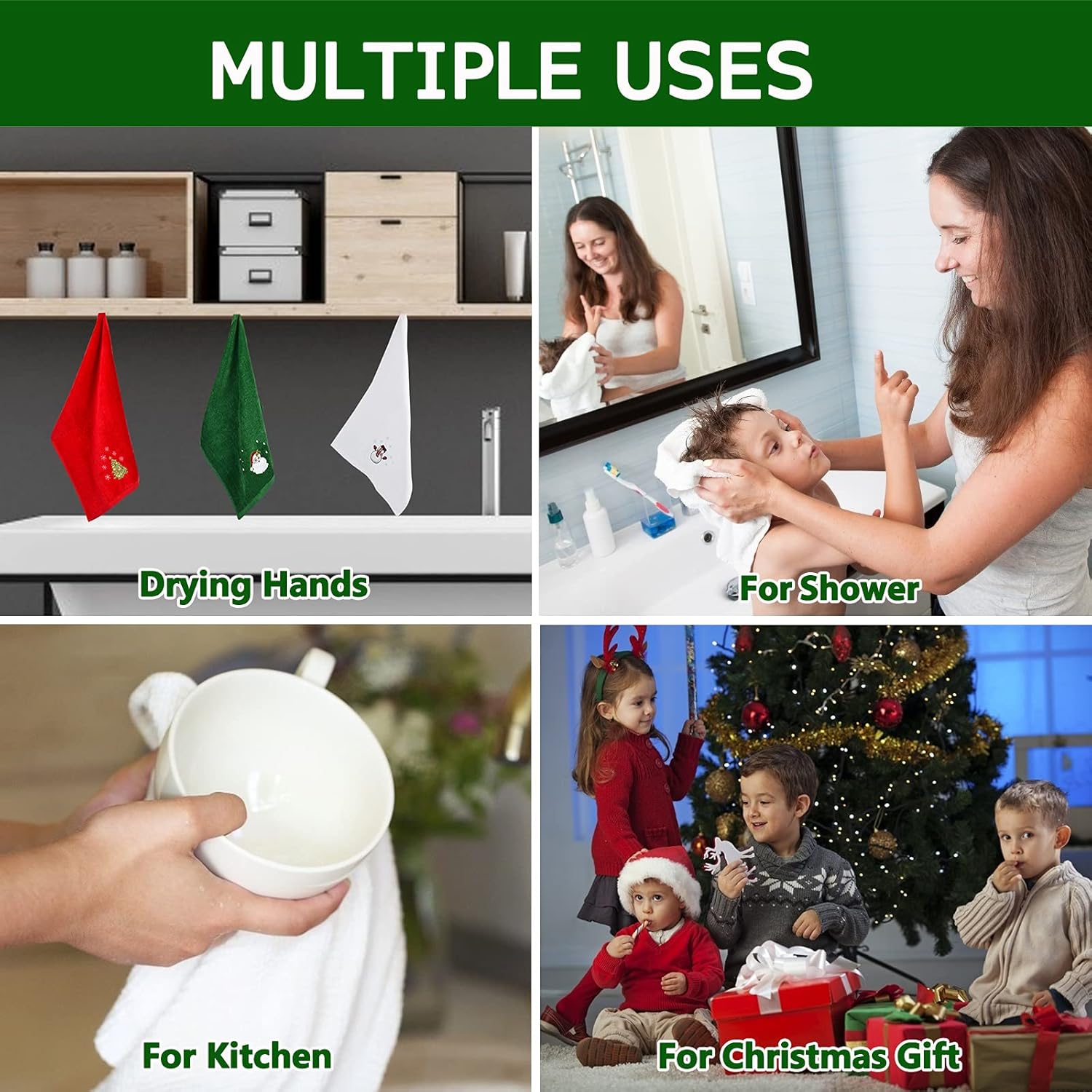 Upgraded Thick & Large Christmas Hand Towels 16" x 27", 100% Pure Cotton Bathroom Kitchen Decoration Soft Washcloths Towels Perfect Christmas Decor, Pack of 3 (Red, White, Green) - Image 5