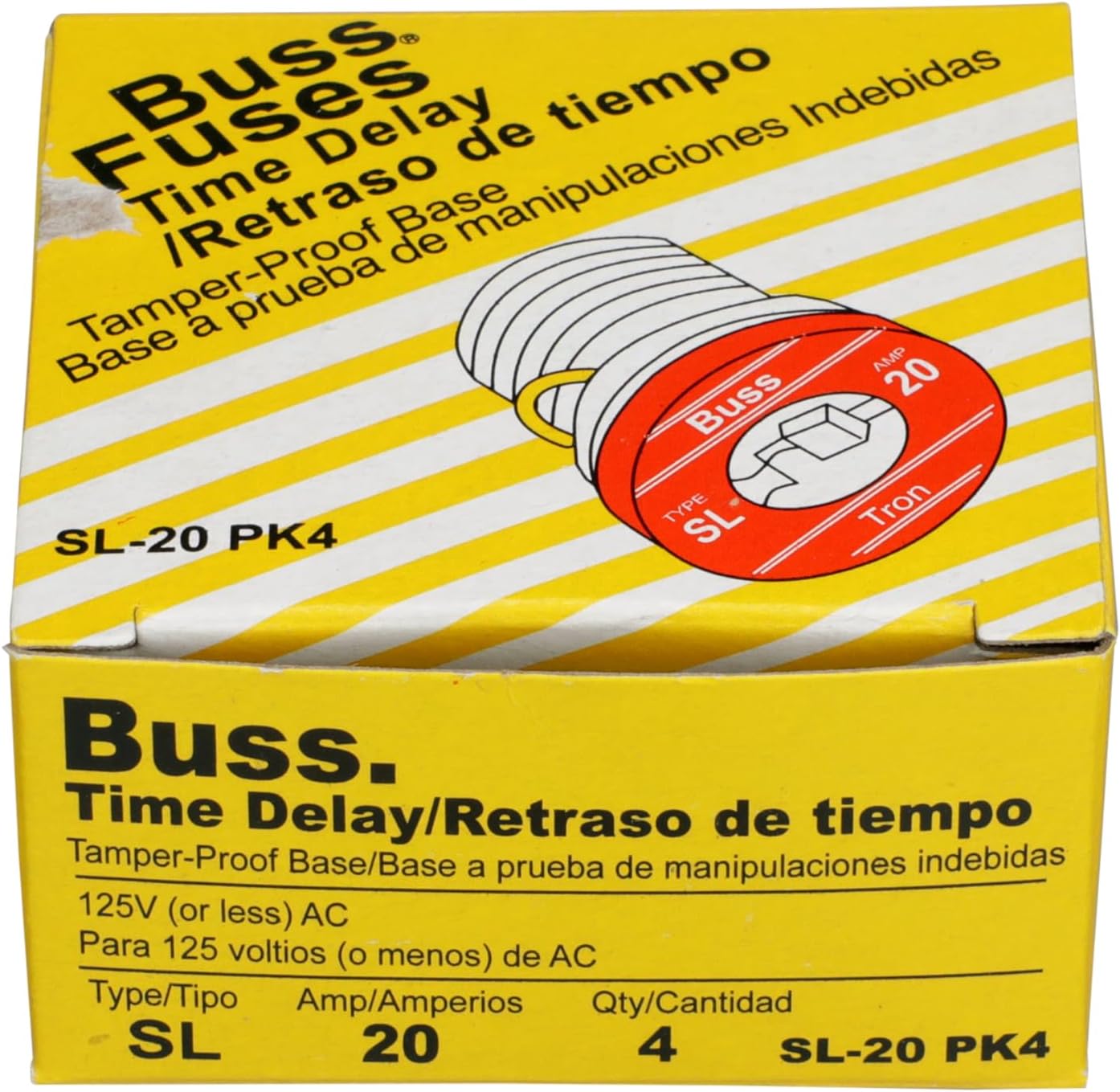 Bussmann SL-20PK4 20 Amp Time Delay Loaded Link Rejection Base Plug Fuse, 125V UL Listed, 4-Pack