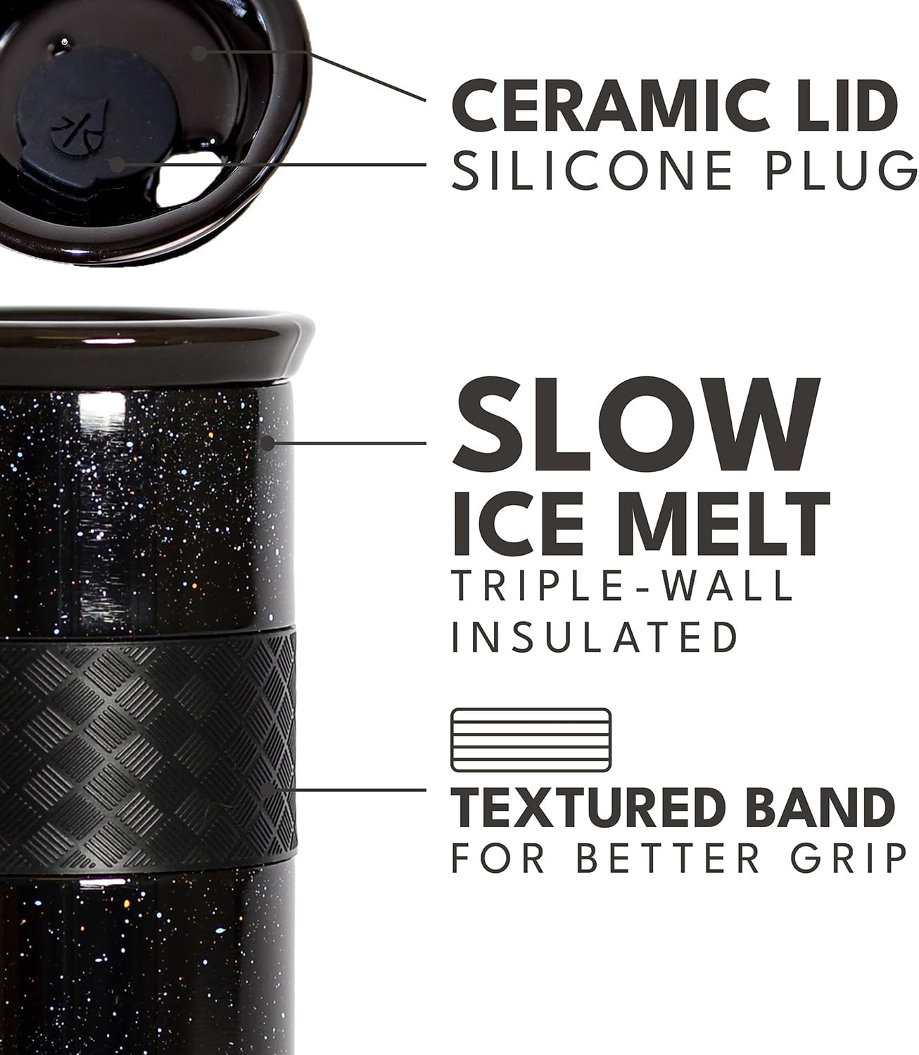 Elemental Artisan Insulated Tumbler, Triple Wall Coffee Travel Mug, Reusable Stainless Steel Coffee Tumbler with Ceramic Lid, Thermal Coffee Cups for Hot (6 Hrs) & Cold (18 Hrs), 16oz - Black Speckle - Image 5
