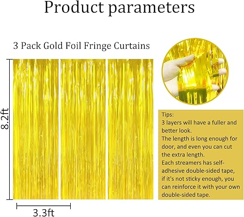 Miniatura 2 de Telón de fondo con borlas para fiestas, paquete de 3 telón de fondo de oropel dorado para decoración de cumpleaños, boda, compromiso, baby shower,