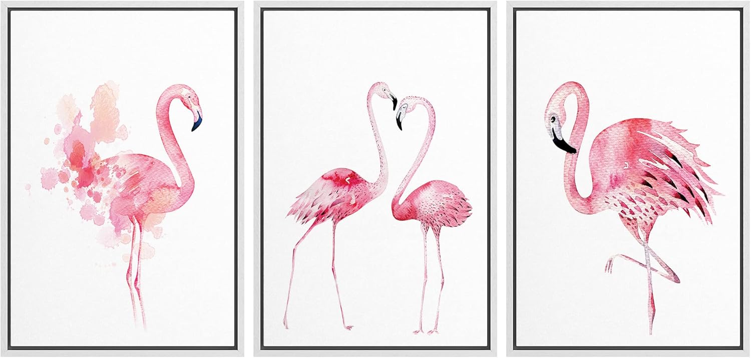 NWT Framed Wall Art Print Set Pink Watercolor Style Flamingo Set Animals Wildlife Illustrations Modern Art Minimalist Portrait Colorful Pastel for Living Room, Bedroom, Office - 24"x36"x3 White