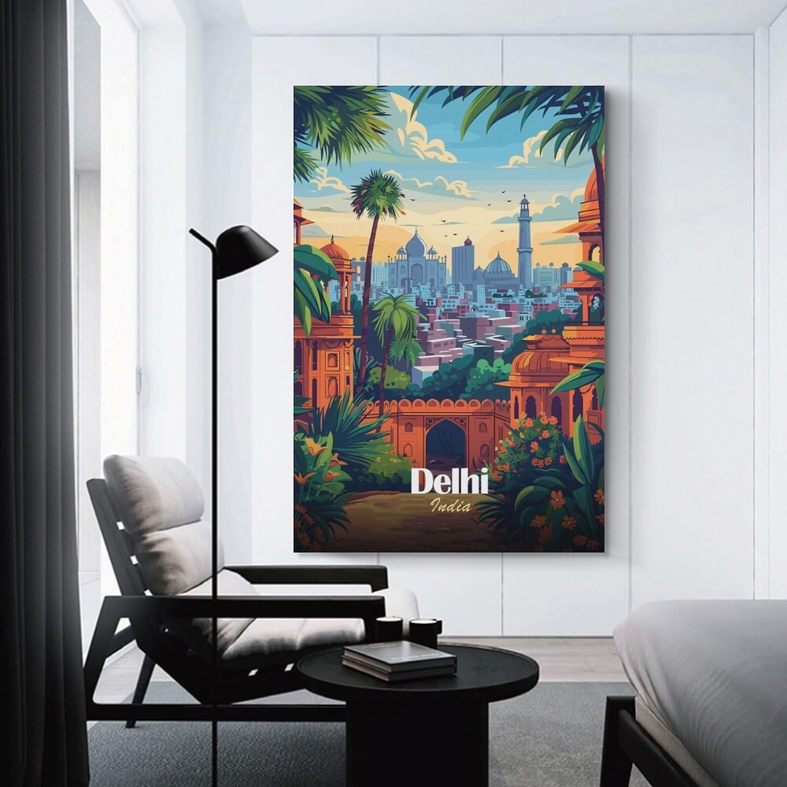 Junmoney Hanging Wall Art Delhi, India Cityscape Illustration, 20x30inch(50x75cm), for Work Areas, Reading Rooms Or Studios, Wall Art That Adds Style to Work Areas