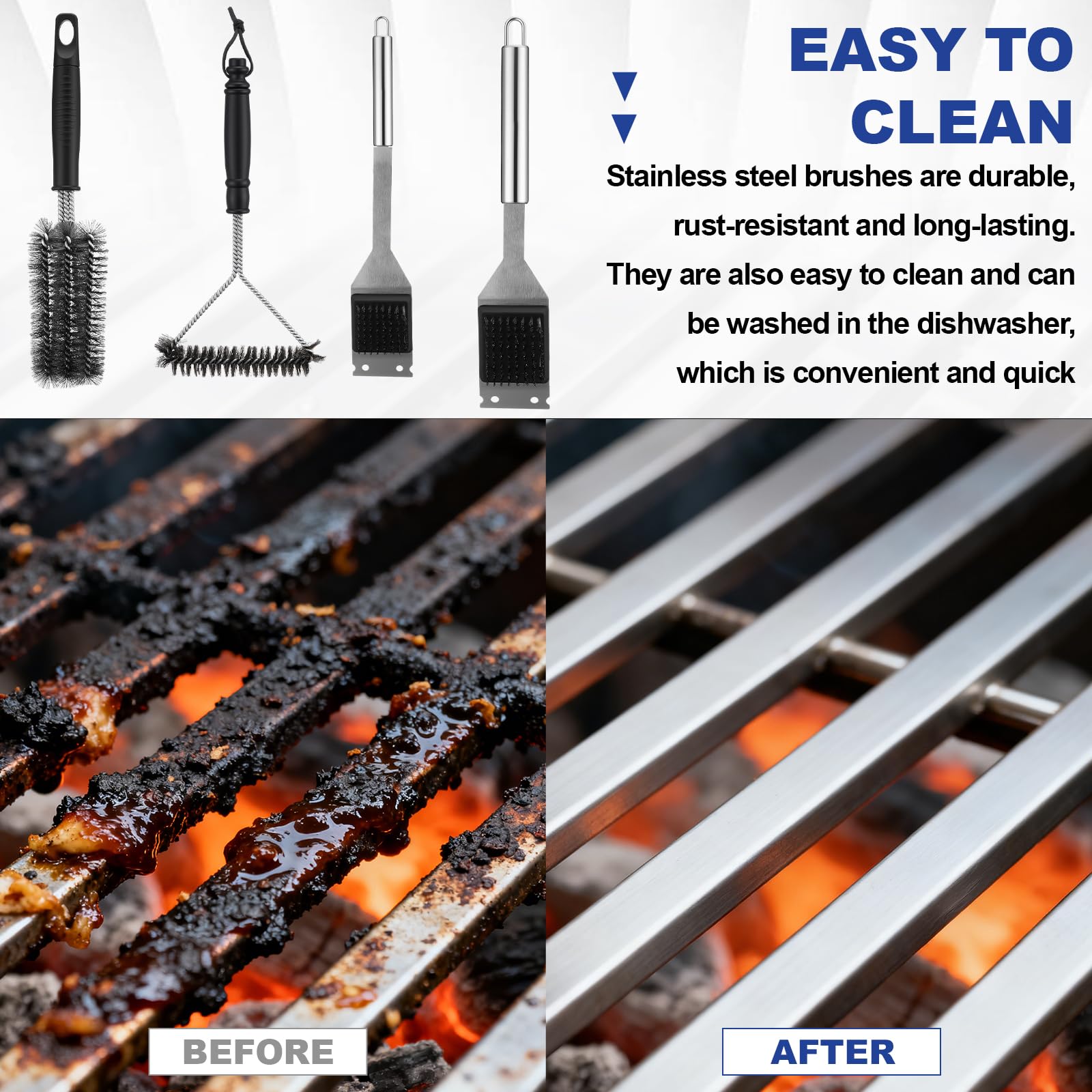 4 Stück 304 Edelstahl BBQ Grillbürste, 16,5 & 14 Drähte BBQ Bürste & Schaber, 15 Dreiköpfe und 12 Dreiseitige Bürsten für Outdoor-Grillzubehör, Ideales Geschenk für Männer/Papa