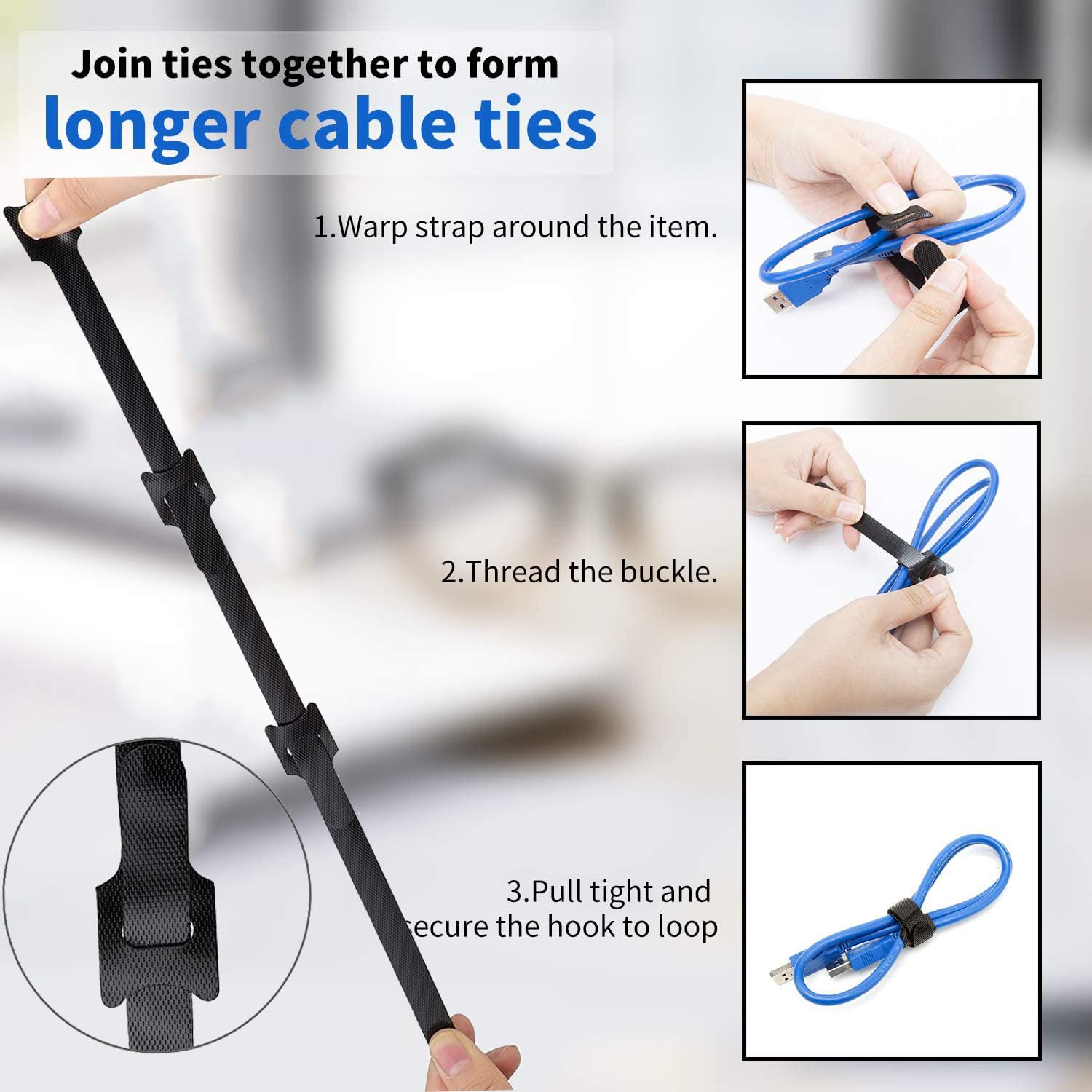 VELCRO Brand | ONE-WRAP | Reusable Thin Ties | Multi-Purpose Ties Perfect Desk Accessories For Cable Management & Home Improvement | Black | 12mm X 20cm | Pack Of 100