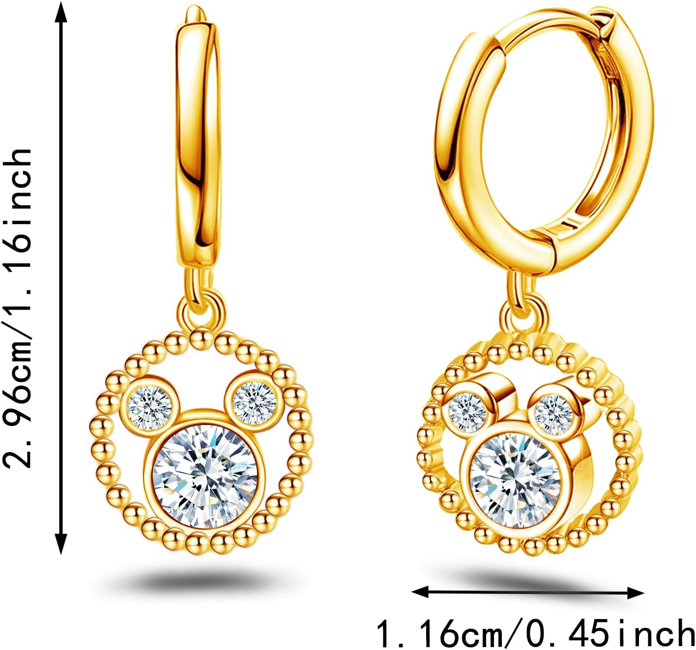 Mouse Earrings for Women Gold Plated Sterling Silver CZ Round Mouse Dangle Hoop Earrings Sparkling Cute Huggie Animal Earrings Lucky Cute Princess Jewelry Gifts for Women Daughter Birthday Party - Image 6