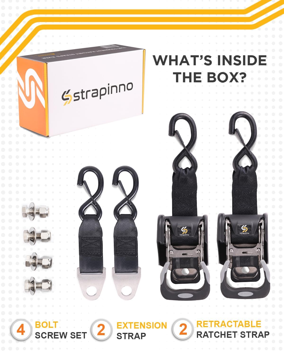Strapinno 2PCS Stainless Steel Retractable Ratchet Straps (1 7/8 in x 4 ft) Heavy Duty Transom Tie-Downs with Extension Straps, Bolt Set & Safety Latch S-Hooks,for Boat,Break Strength 1,650LBS/750KG
