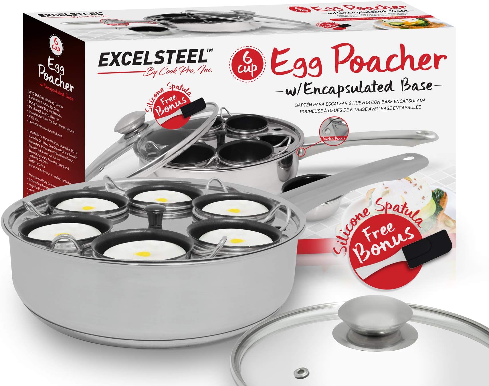 EXCELSTEEL Non Stick Easy Use Rust Resistant Home Kitchen Breakfast Brunch Induction Cooktop Egg Poacher, 6 Cup, Stainless Steel, Round