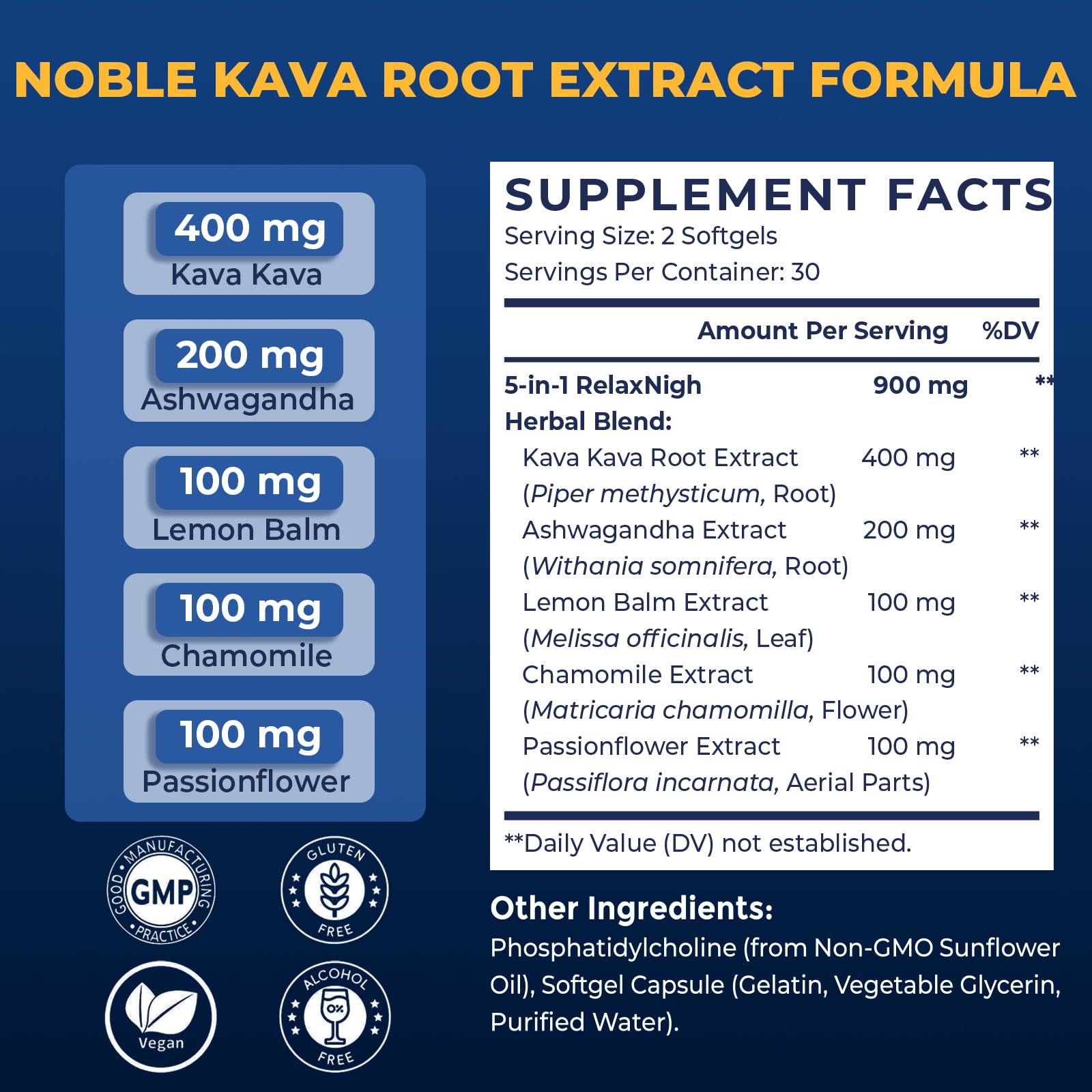 Kava Kava Capsules Root Extract Supplement Liposomal 55% Kavalactones with Ashwagandha Chamomile Lemon Balm Passionflower for Relax & Good Sleep (120 Softgels) — Amazon image 3