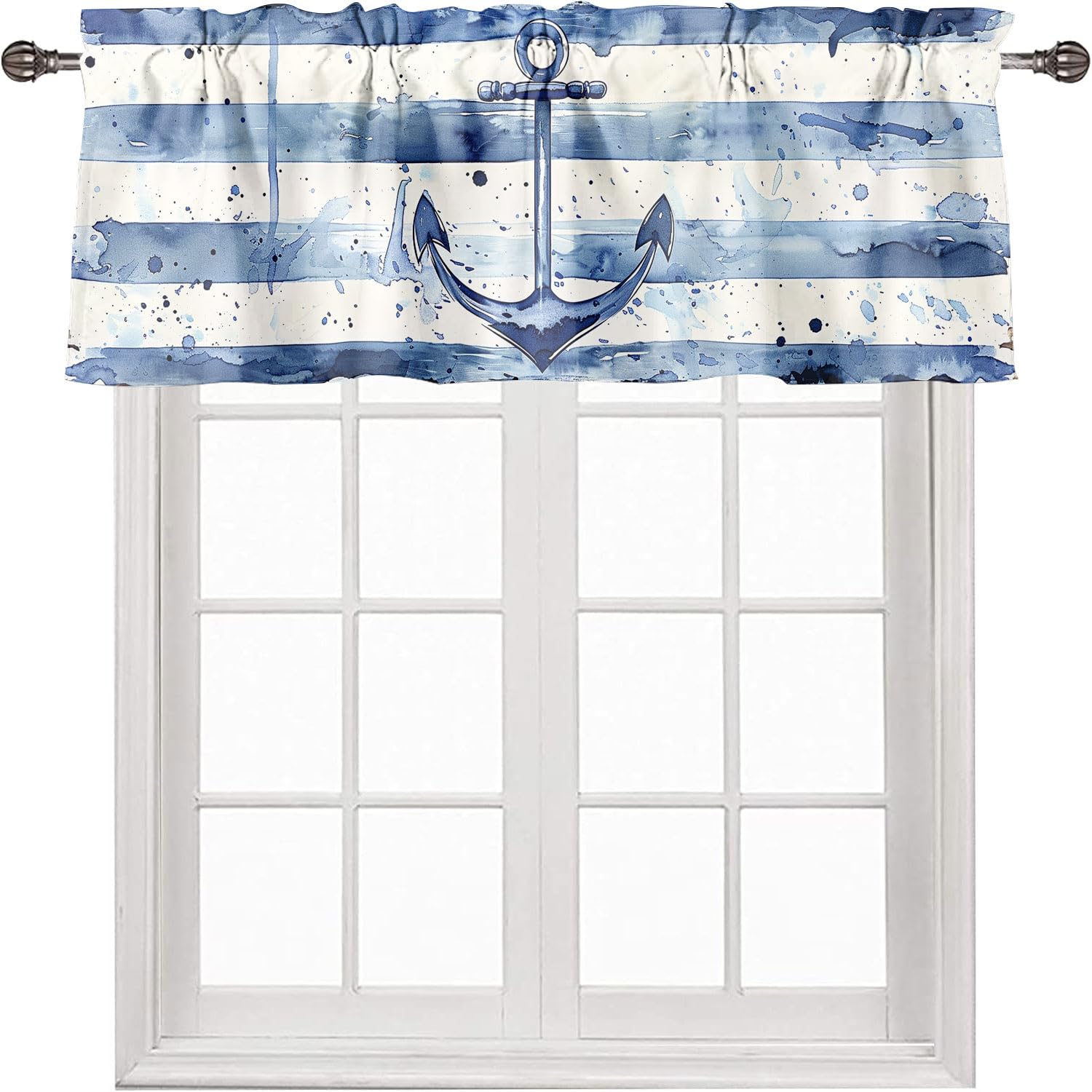Nautical Valance Curtains for Windows Navy Blue Anchor Coastal Ocean Marine Rod Pocket Kitchen Curtain Treatment Drapes for Bathroom Bedroom Living
