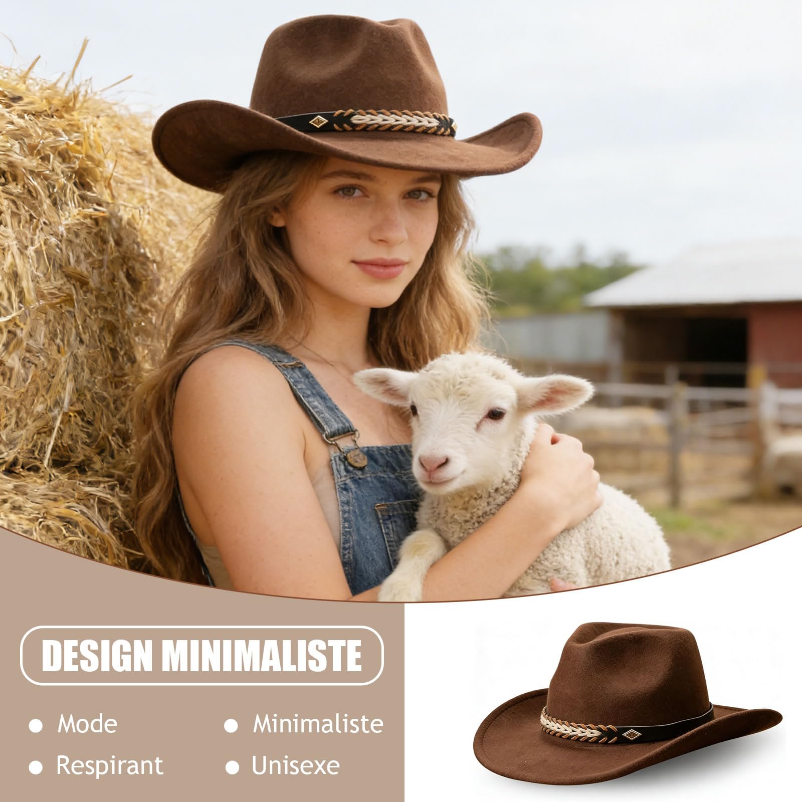 MYKAGS Chapeau de Cowboy Unisexe en Feutre à Large Bord et Taille Ajustable, adapté aux Tenues en Jean et aux activités de Plein air (Marron café)