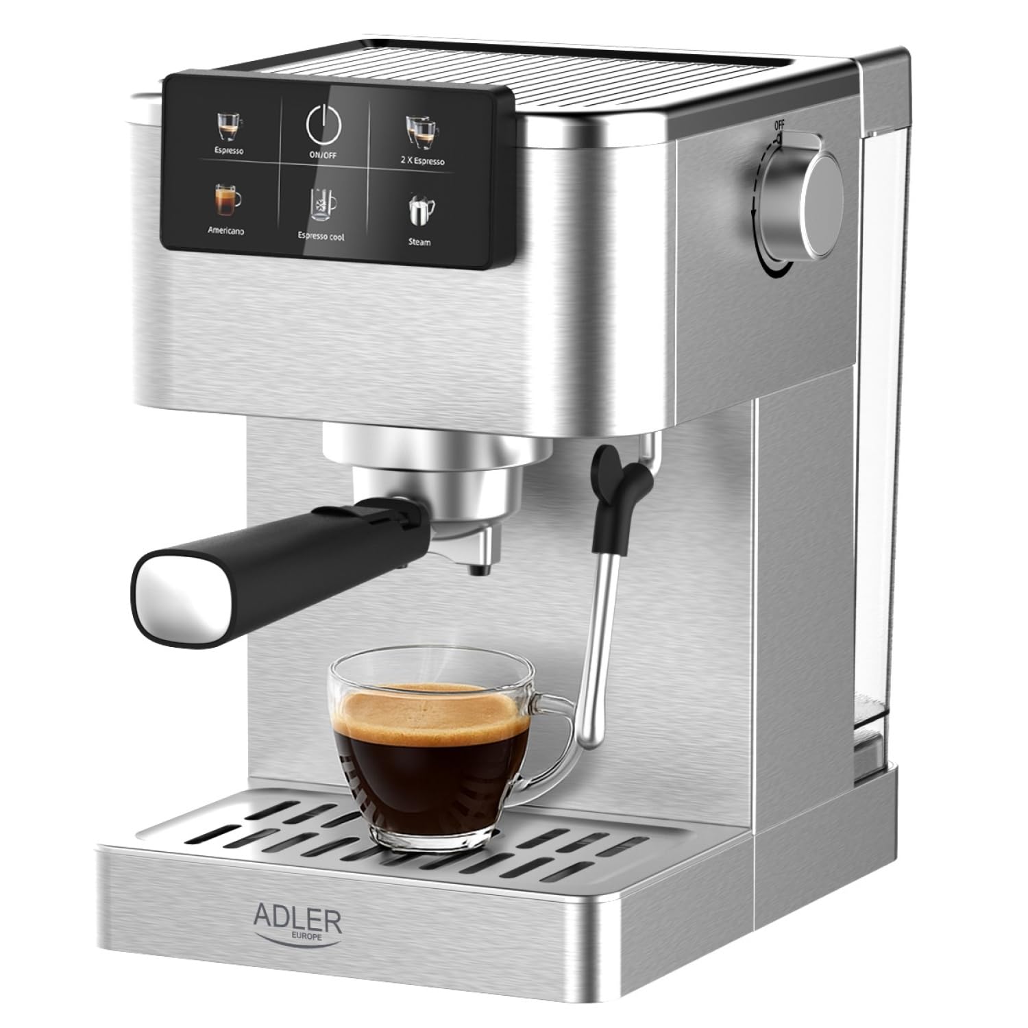 ADLER EUROPE Ekspres do kawy ciśnieniowy, automatyczny ekspres do kawy kolbowy 5w1, 20 bar, 1350W, espresso, podwójne espresso, americano, dotykowy panel sterowania LCD, dysza do spieniania mleka