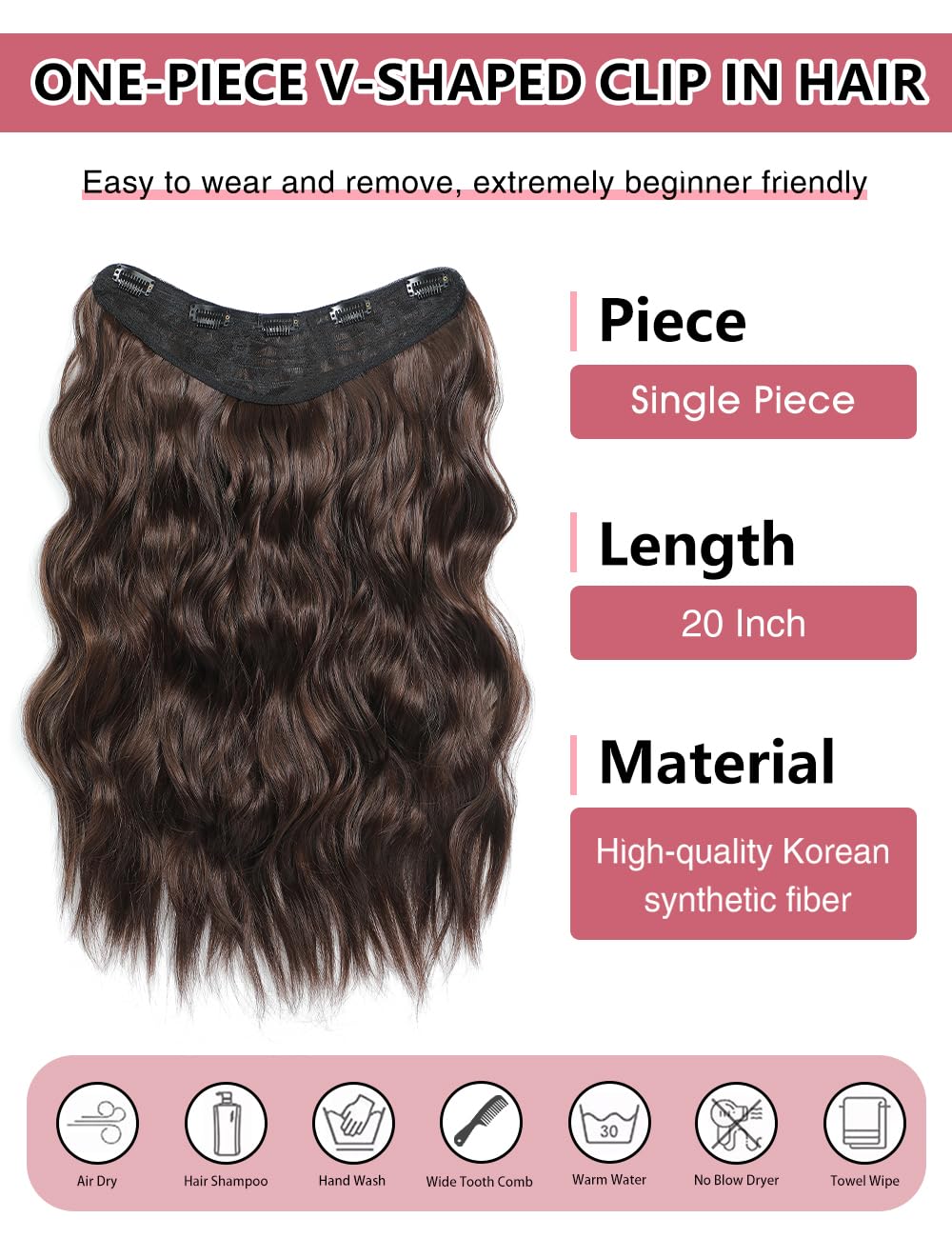 Clip in Hair Extensions for Women, Long Wavy Synthetic Hairpieces Fake Hair Extension Clips, One Piece Medium Brown Clip in Hair Pieces 20 Inch