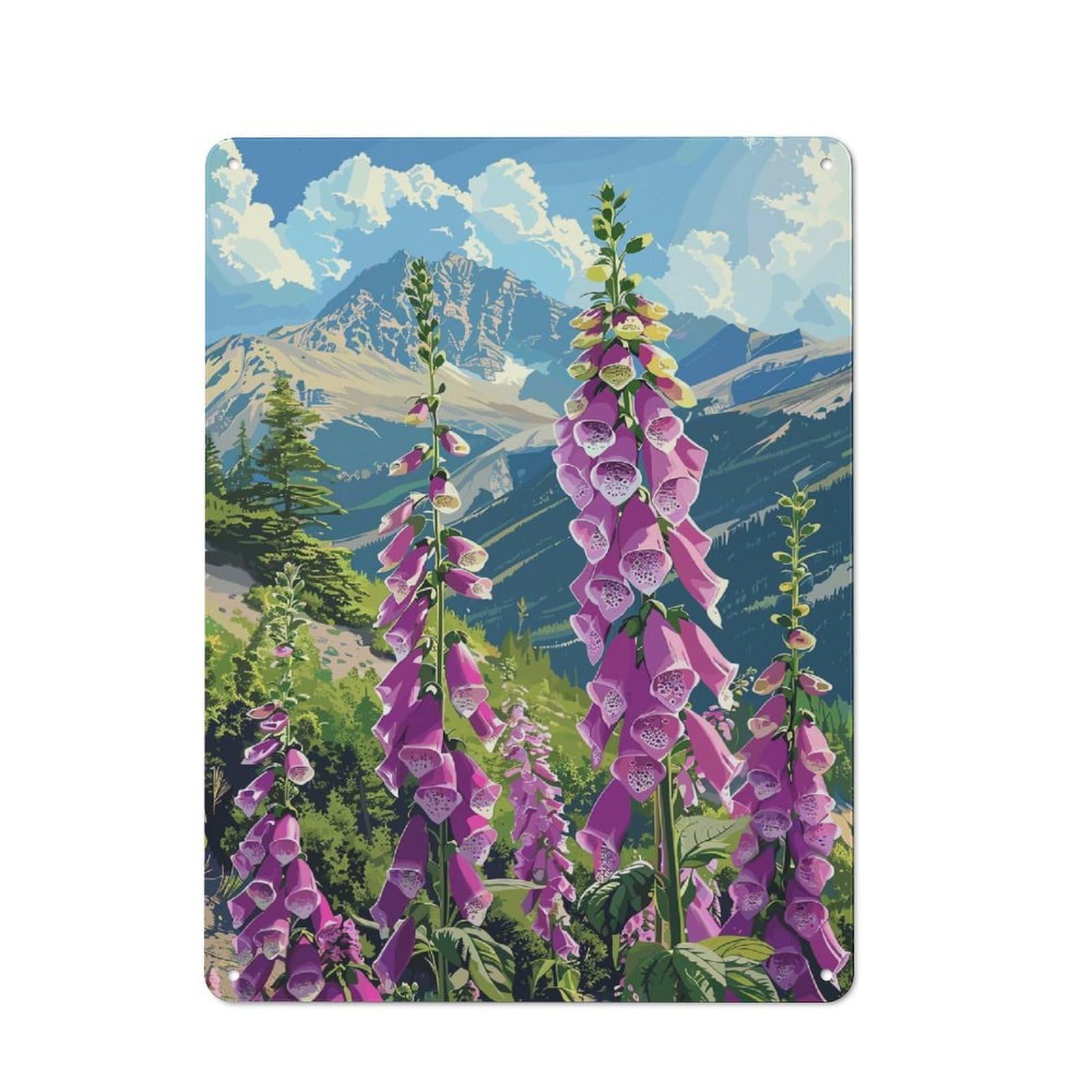 Junmoney Style-8 Creative Mountainside Foxgloves Tin Sign 40X30cm, Study Room Decor For Workspace, Cafe, Shop Or Desk Area
