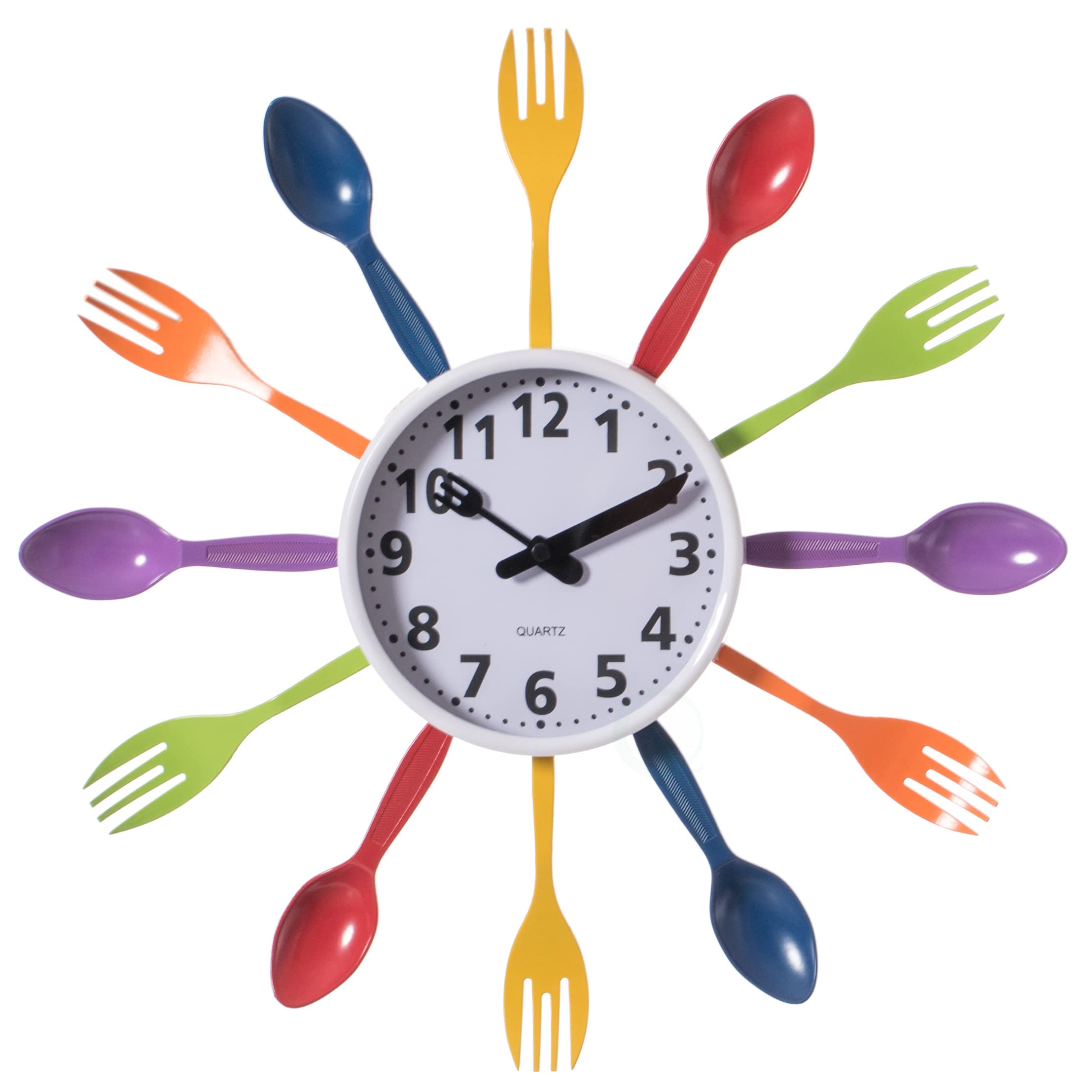 Decorative 3D Cutlery Utensil Spoon and Fork Wall Clock for Kitchen, Playroom or Bedroom, Multicolor