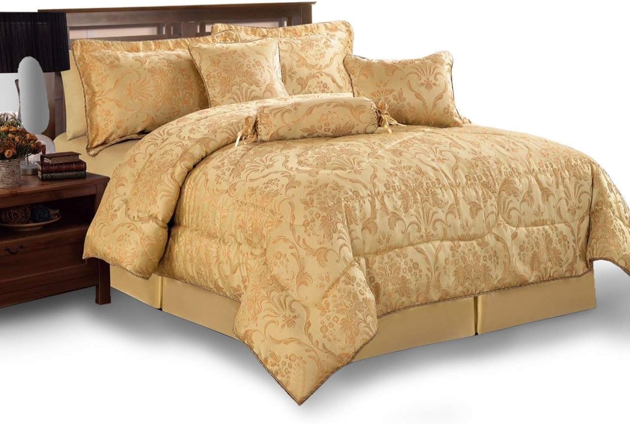 Sunrise Bedding Bedspread Set- 7 Piece Comforter Set- Jacquard Fabric Bedding Set Double, King All Season Bed Throw 220 GSM Matching Pillows, Cushions ,Neck Roll and Valance Sheet (Gold, King (255 x 225))