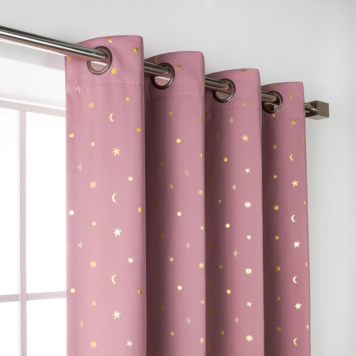 Best Home Fashion Set of 2 Blackout Gold Foil Celestial Night Curtain Pair, Bronze Grommet Window Panels for Bedroom, Kids Room, Living Room, Sun Blocking Thermal Insulated (52" W x 84" L, Mauve)