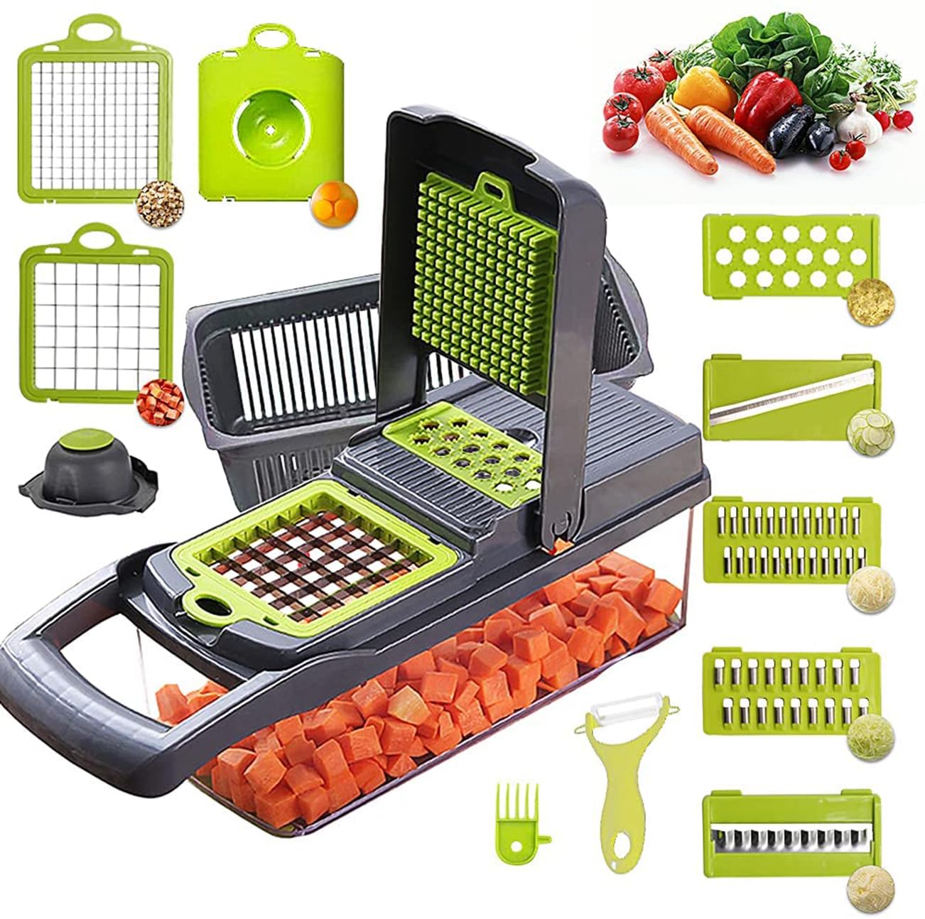 AlrensManual Vegetable Slicer, 12 in 1 Mandolin Kitchen Multi-Function, Professional Vegetable Slicer, Vegetable Slicer for Carrots, Potatoes, Tomatoes, Fruit Salad