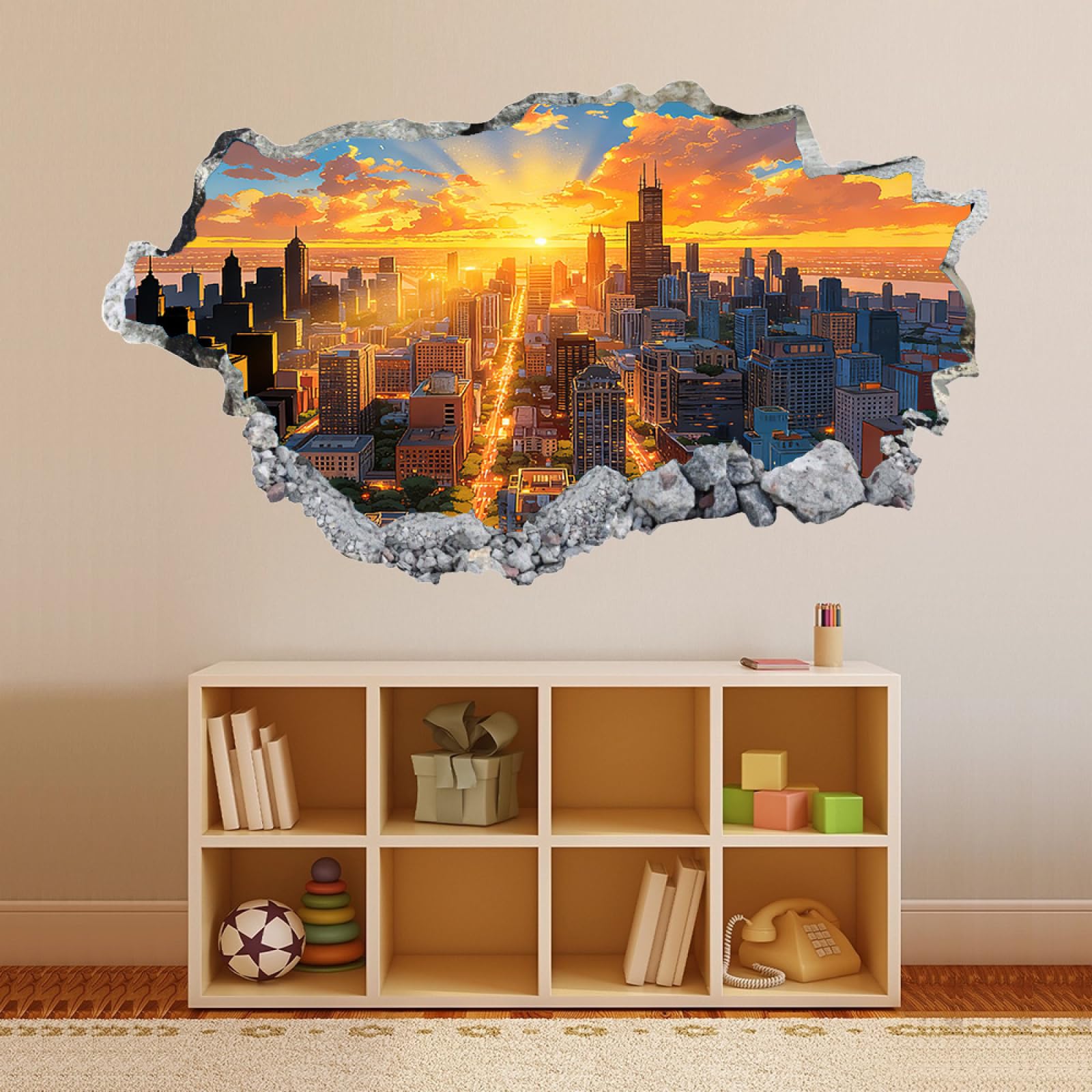 Effet de mur brisé 3D City ​​sunset Landscape Stickers Muraux Imperméables Sticker mural en vinyle pour décoration murale de chambre à coucher pour enfants 60x105cm