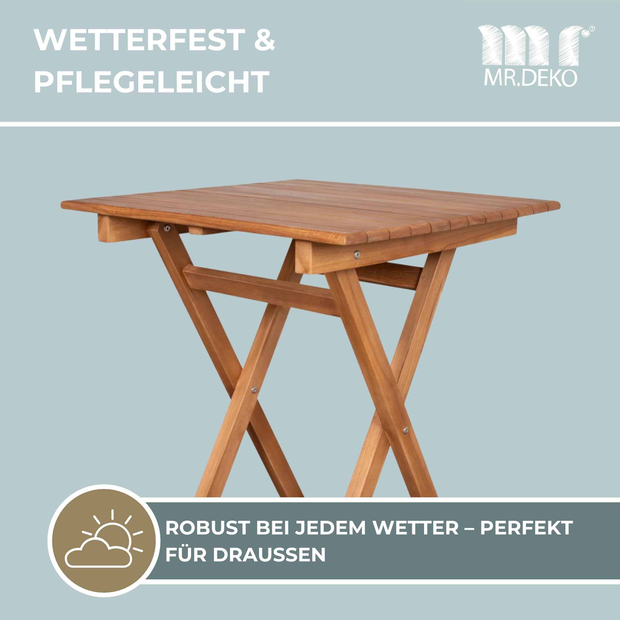 MR. DEKO Gartentisch Porton Teak Holz 60x60 cm | Balkontisch Wetterfest Massivholz | Outdoor Tisch Klein | Kleiner Gartentisch Holz | Terrassentisch Balkon | Gartentische Klappbar Teakholz