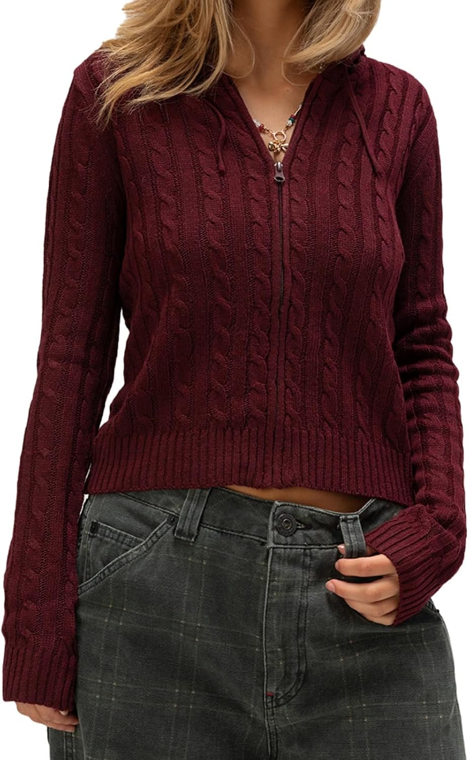 Women Zip Up Hoodie Y2k Vintage Long Sleeve Knitted Sweater 90s Knitwear Coat Jacket Streetwear