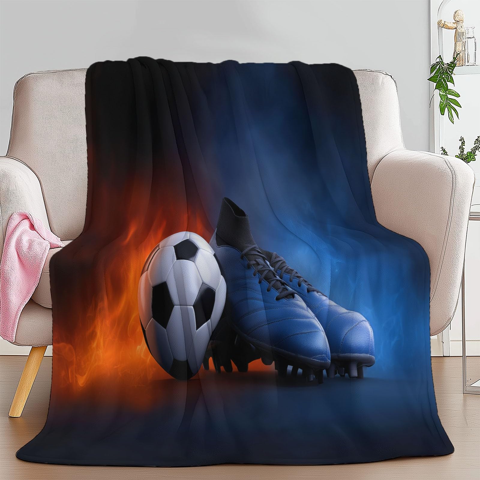 Midnight Blue, ultramiękki koc flanelowy, narzuta, 180 x 200 cm, pluszowe i ciepłe, sportowe buty do piłki nożnej, nadruk płomieni, lekki koc na łóżko, na sofę, podróż i dla dzieci dorosłych, 180 x