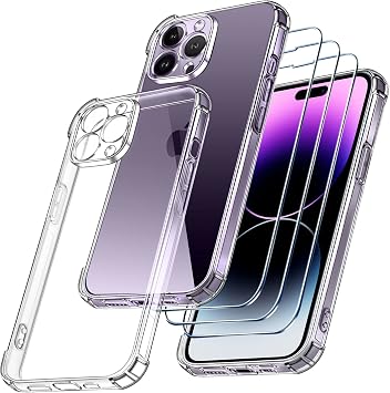 ivoler [4 in 1 Camera Cover Case Compatible with iPhone 14 Pro 6.1" with 3 Pack Tempered Glass Screen Protector, Slim Soft TPU Shockproof Anti-Scratch Phone Case Cover - Clear